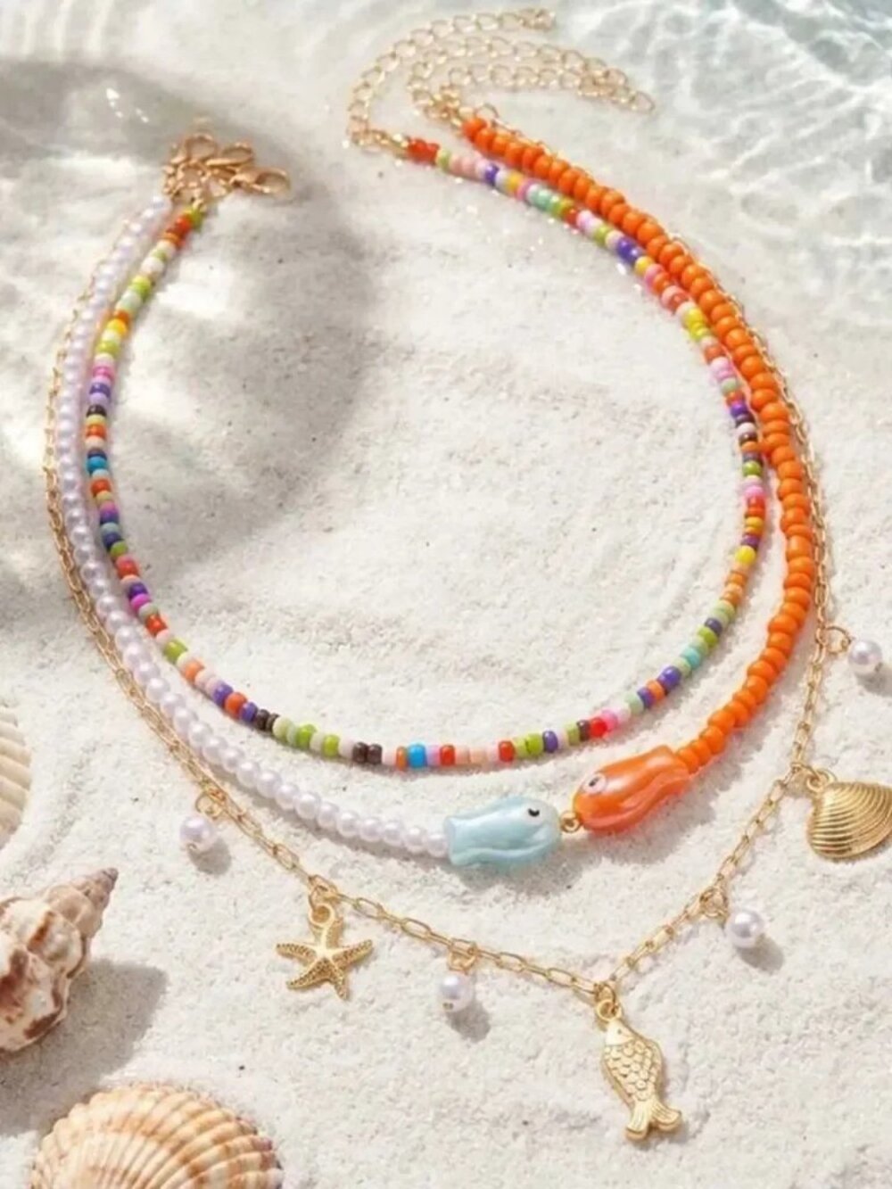 Multi-Color Beaded Fish & Shell Layered Necklace R700 - Picture 3 of 4
